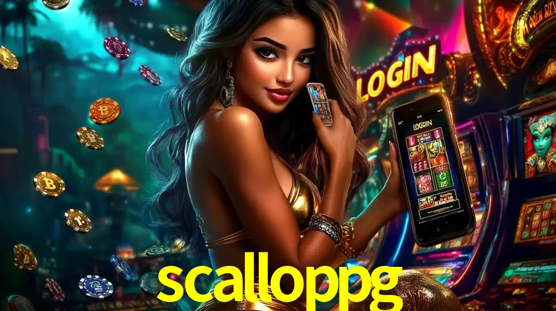 Mulher em um cenário de cassino temático de aventura, mostrando o app de caça-níqueis da scalloppg no celular. Fichas de apostas flutuam ao redor.